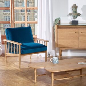 wohnli-moebel-suche-M22151230-1 Sessel aus Eiche und Samt Turquoise 75x75x77cm Holz Braun Robin des Bois Sofas und Sessel Sessel, Poufs und Fußbänke Sessel