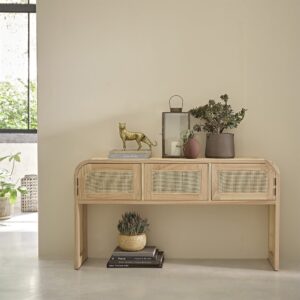 wohnli-moebel-suche-M22152445-1 Konsole aus massivem Mindi und Rohrgeflecht 140 cm 140x75x140cm Holz Beige BERAH GETAH Möbel Wohnzimmermöbel Konsolentische