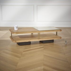 wohnli-moebel-suche-M22156430-1 Rechteckiger Couchtisch aus Eiche und Glas Beige 120x34x60cm Holz Beige Robin des Bois Möbel Wohnzimmermöbel Couchtische