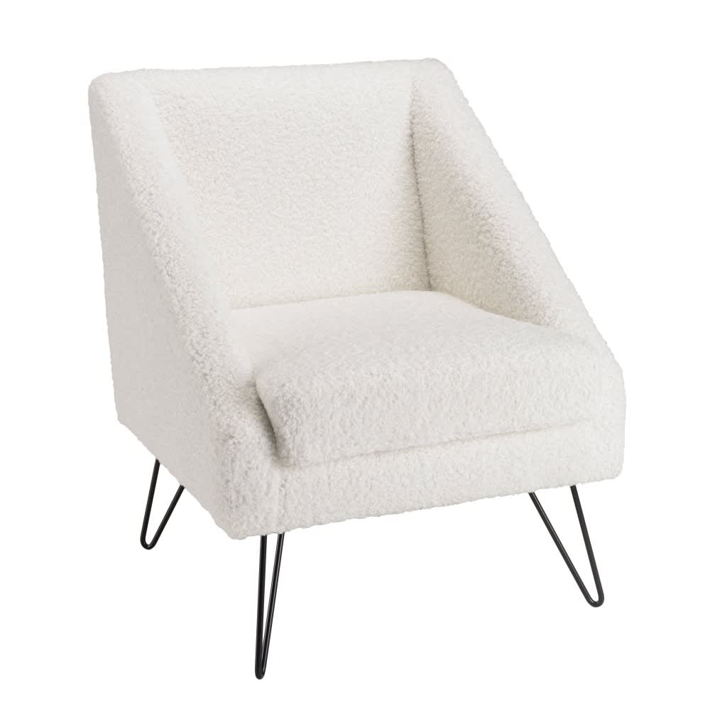 Wohnli Möbelsuche - Sessel mit weißem Bouclé-Stoff und schwarzen Metallbeinen