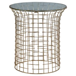 Wohnli Möbelsuche - Beistelltisch Ø40x45 cm rund Eisengestell Gold Glasplatte Streben-Look