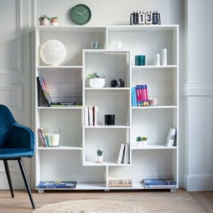 wohnli-moebel-suche-M22160852-1 Bücherregal 11 mehrförmige Regale weiß 130x149x21cm Spanplatte Weiß Happy Garden Möbel Wohnzimmermöbel Bücherregale