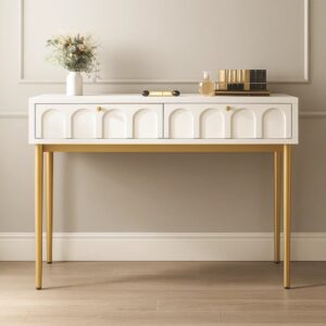 Weißer Beistelltisch mit Goldenen Beinen und Schubladen 100x45x77cm Spanplatte Weiß Urban Meuble Möbel Wohnzimmermöbel Beistelltische