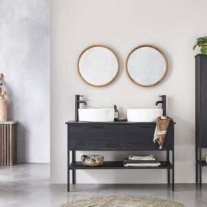 wohnli-moebel-suche-M22164569-1 Waschtischunterschrank aus massiver Kiefer und Metall 120 cm 120x75x120cm Holz Schwarz BERAH GETAH Möbel Badezimmermöbel Waschtische