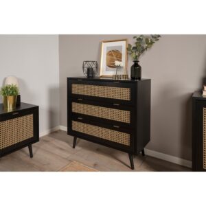 Kommode mit 3 Schubladen in Rohrgeflecht Druck - Schwarz 80x80x40cm Spanplatte Schwarz Calicosy Möbel Schlafzimmermöbel Kommoden