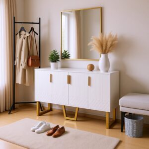 wohnli-moebel-suche-M22166487-1 Weißer Schuhschrank mit goldenen Beinen und geschlossenem Stauraum 140x80x40cm Spanplatte Weiß Urban Meuble Möbel Flurmöbel Schuhschränke