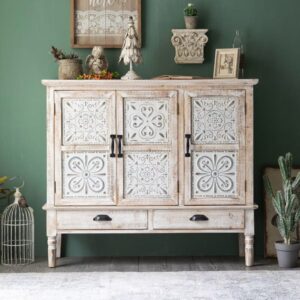 Weiß patiniertes Sideboard aus Tannenholz 0x100x115cm Holz Weiß Mathi Design Möbel Esszimmermöbel Sideboards, Highboards & niedrige Anrichten