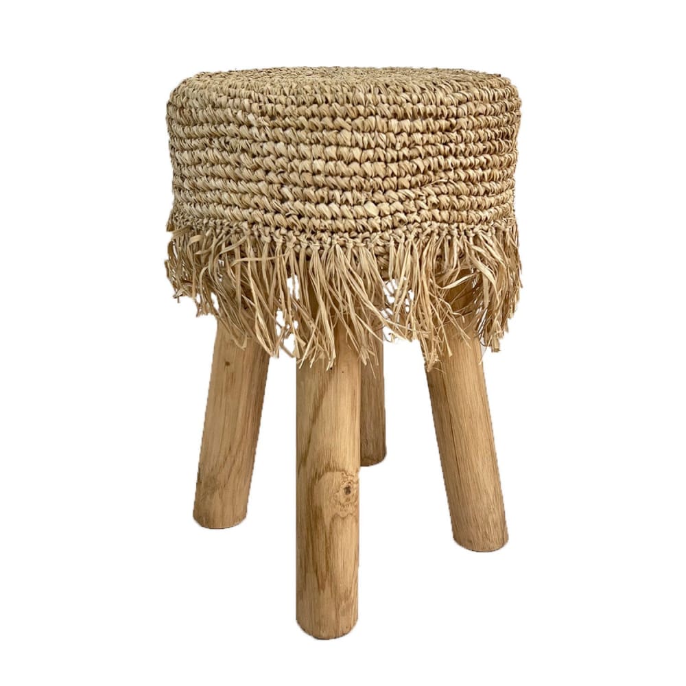 wohnli-moebel-suche-M22169685 Wohnli Möbelsuche - Niedriger Hocker mit Naturfransen und Teakholz D. 32 x 45 cm