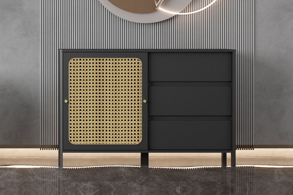 Buffet aus schwarzem Holz und Flechtwerk 120x80x40cm Spanplatte Schwarz Concept Usine Möbel Esszimmermöbel Sideboards, Highboards & niedrige Anrichten