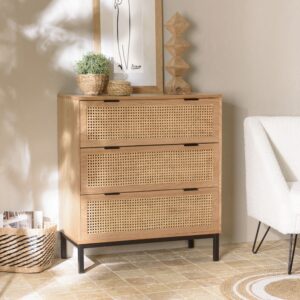 wohnli-moebel-suche-M22175632-1 Sideboard 3 Schubladen natürliches Rohrgeflecht Metallfüße schwarz 80x91x40cm Holz Braun MACABANE Möbel Schlafzimmermöbel Kommoden