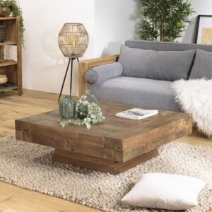 Quadratischer Couchtisch aus Massivholz 105x35x105cm Holz Braun MACABANE Möbel Wohnzimmermöbel Couchtische