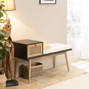 Bank mit 1 Schublade in Rohrgeflecht-Optik 110x65x40cm Spanplatte Braun MACABANE Möbel Flurmöbel Dielenbänke