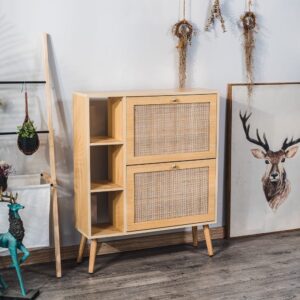 wohnli-moebel-suche-M22175849-1 Schuhschrank mit 2 Schubladen aus Holz und Rattan 24x99x80cm Holz Braun Nordlys Möbel Flurmöbel Schuhschränke