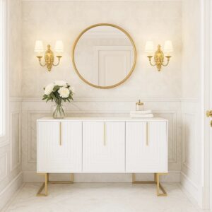 Weißer 3-türiger Badezimmerschrank mit goldenen Designerbeinen 138x81x40cm Spanplatte Weiß Urban Meuble Möbel Badezimmermöbel Badezimmerschränke