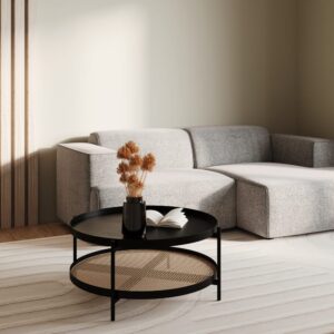 wohnli-moebel-suche-M22179993-1 Couchtisch aus Rattan und schwarzem Mindi-Holz D84 cm 84x40x84cm Holz Schwarz Maison Pavane Möbel Wohnzimmermöbel Couchtische