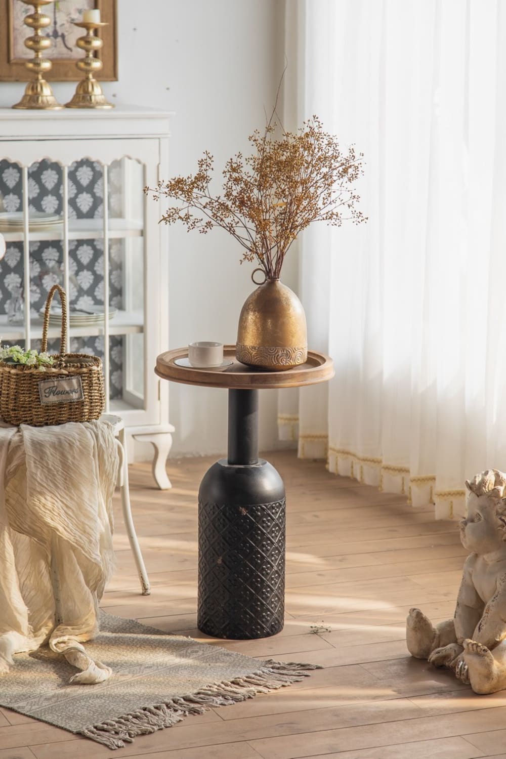 Runder Couchtisch aus Kiefernholz und schwarzem Stahl 41x63x41cm Holz Schwarz Mathi Design Möbel Wohnzimmermöbel Couchtische