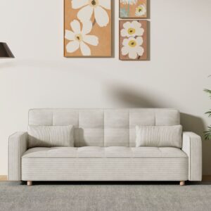 Skandinavisches 3-Sitzer-Schlafsofa aus beigem Ripp-Veloursstoff 213x79x89cm Holz Beige Concept Usine Sofas und Sessel Sofas Schlafsofas