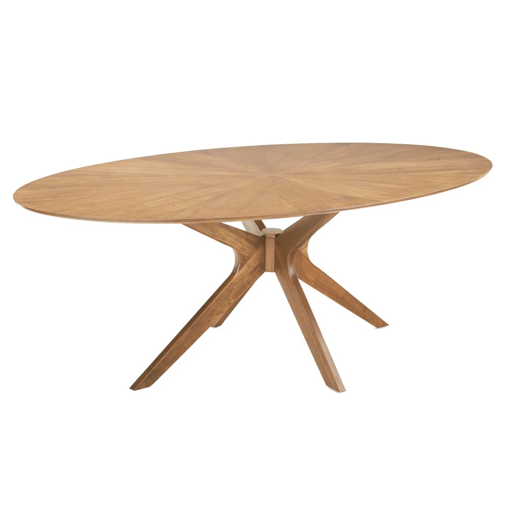 Wohnli Möbelsuche - Ovaler Tisch mit Holzoptik und Eichenfinish. H75xT110xB190cm.