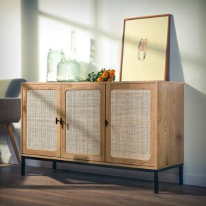 wohnli-moebel-suche-M23003737-1 Sideboard mit 3 Türen aus Rattan L120 cm - Eiche dekor 120x72x40cm Spanplatte Beige Calicosy Möbel Esszimmermöbel Sideboards, Highboards & niedrige Anrichten