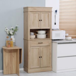 wohnli-moebel-suche-M23004496-1 Buffet haut 2 placards 2 portes tiroir niche aspect chêne clair 74x183x40cm Spanplatte Beige Homcom Möbel Esszimmermöbel Sideboards, Highboards & niedrige Anrichten