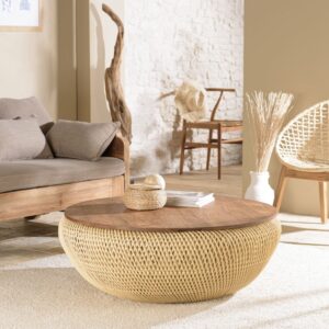 Runder Couchtisch aus Rattan mit abnehmbarer Tischplatte D100 100x36x100cm Holz Braun MACABANE Möbel Wohnzimmermöbel Couchtische
