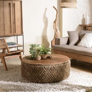 wohnli-moebel-suche-M23006094-1 Runder Kaffeetisch D98 aus Kokosfaser-Gewebe 98x36x98cm Holz Braun MACABANE Möbel Wohnzimmermöbel Couchtische