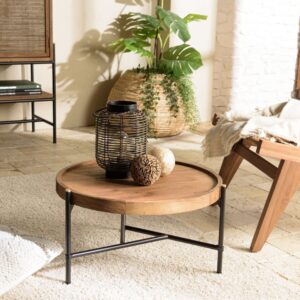 wohnli-moebel-suche-M23006097-1 Couchtisch mit runder Tischplatte aus recyceltem Teakholz D55 57x30x55cm Holz Braun MACABANE Möbel Wohnzimmermöbel Couchtische