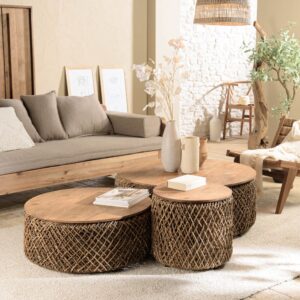 3er Set runde Couchtische aus Kokosfaser 97x38x97cm Holz Braun MACABANE Möbel Wohnzimmermöbel Couchtische