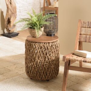 Runder Beistelltisch aus Kokosfasergewebe D38 38x47x38cm Holz Braun MACABANE Möbel Wohnzimmermöbel Couchtische