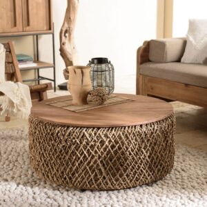 wohnli-moebel-suche-M23006103-1 Runder Couchtisch aus Kokosfaser D83 83x36x83cm Holz Braun MACABANE Möbel Wohnzimmermöbel Couchtische
