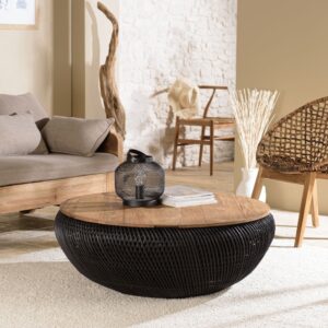 Runder Couchtisch mit abnehmbarer Tischplatte aus Rattan D100 100x36x100cm Holz Braun MACABANE Möbel Wohnzimmermöbel Couchtische