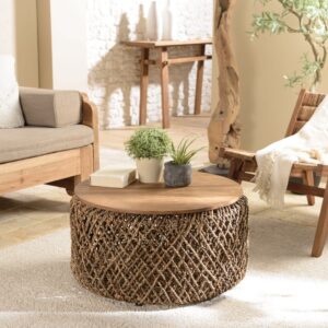 wohnli-moebel-suche-M23006106-1 Runder Couchtisch aus D70 Kokosfasergewebe 70x36x70cm Holz Braun MACABANE Möbel Wohnzimmermöbel Couchtische