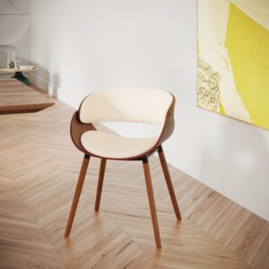 wohnli-moebel-suche-M23007117-1 Stuhl aus beigem Kunstleder und furniertem Nussbaumholz 52x70x52cm Holz Beige Maison Pavane Möbel Esszimmermöbel Stühle