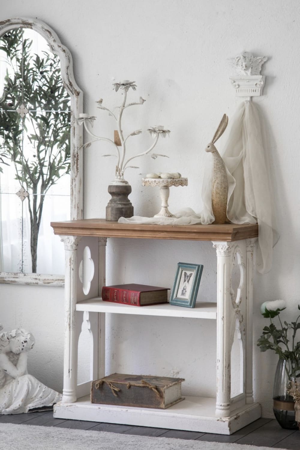 Patinierte Holzkonsole mit Bohème-Stil 81x81x0cm Holz Weiß Mathi Design Möbel Wohnzimmermöbel Konsolentische