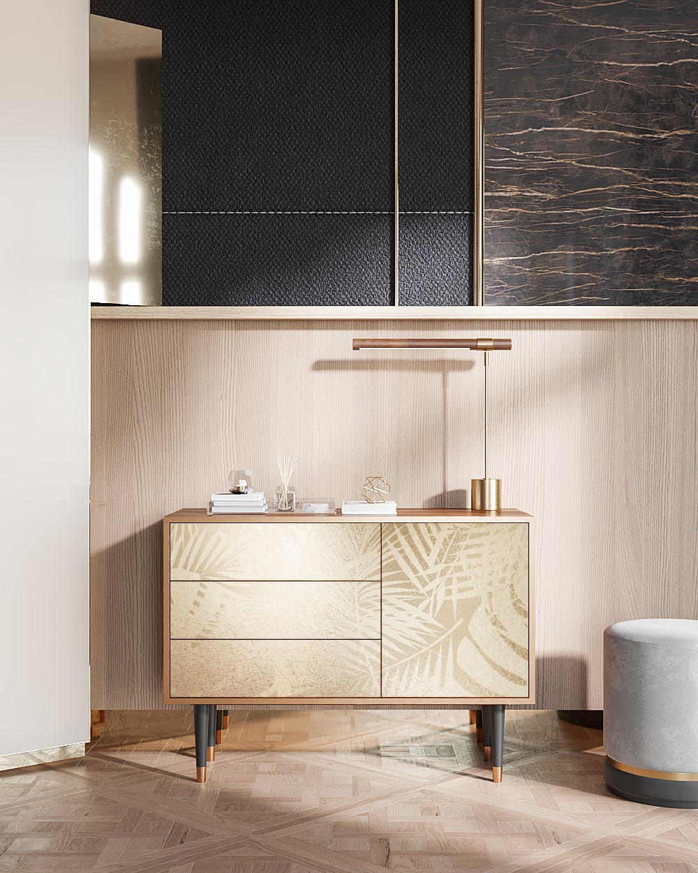 Sideboard sandfarben mit 3 Schubladen und 1 Tür  L 115 cm 41x84x115cm Spanplatte Gold Storyz Möbel Esszimmermöbel Sideboards, Highboards & niedrige Anrichten