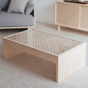 Couchtisch aus natürlichem Massivholz mit Glas 98 cm Unlackiert 98x36x61cm Holz Braun Naan Furniture Möbel Wohnzimmermöbel Couchtische