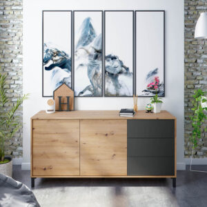 wohnli-moebel-suche-M23020086-1 Sideboard mit 2 Türen und 3 Schubladen L154cm - Dekor Eiche und Grau 41x74x154cm Spanplatte Braun duehome Möbel Esszimmermöbel Sideboards, Highboards & niedrige Anrichten