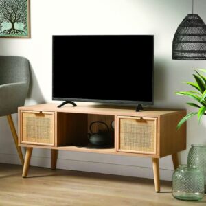 wohnli-moebel-suche-M23020886-1 TV-Möbel mit 2 Schubladen Vorderseite aus Rattan L100 cm - MIYA 100x45x42cm Spanplatte Beige Calicosy Möbel Wohnzimmermöbel TV-Möbel