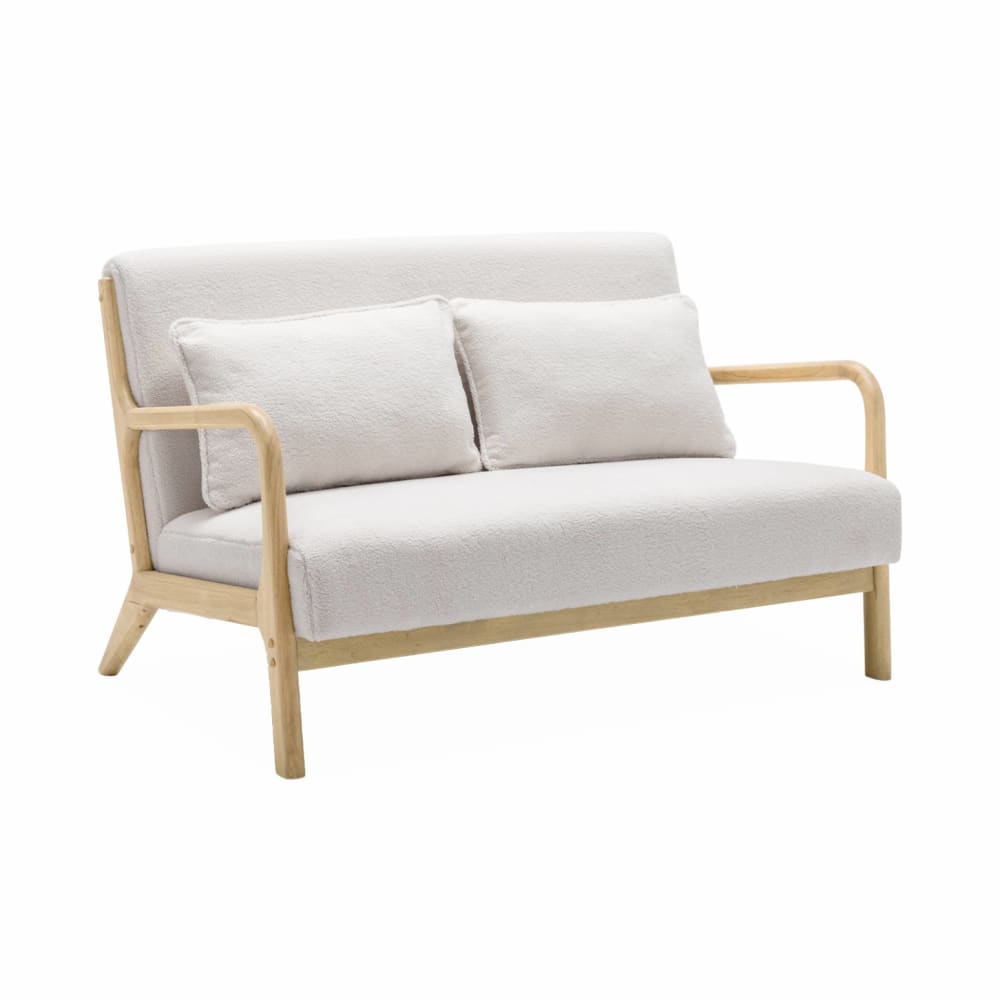 wohnli-moebel-suche-M23032029 Wohnli Möbelsuche - Skandinavische 2-Sitzer-Bank aus Holz und Bouclé-Stoff