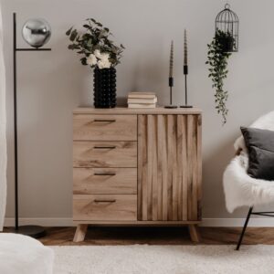 wohnli-moebel-suche-M23035854-1 Anrichte mit 4 Schubladen und 1 Tür in Eichenholzoptik L85 cm 85x85x40cm Spanplatte Beige Calicosy Möbel Esszimmermöbel Sideboards, Highboards & niedrige Anrichten