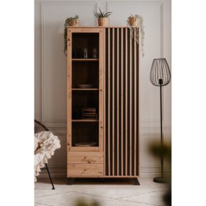 Geschirrschrank mit 2 Türen und 2 Schubladen in Eichenholzoptik L92 cm 92x198x40cm Spanplatte Beige Calicosy Möbel Esszimmermöbel Vitrine und Vitrinenschrank