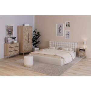 Kommode mit 3 Schubladen in Sonoma Eiche und Fischgrätmuster L80 cm 80x87x39cm Spanplatte Beige Calicosy Möbel Schlafzimmermöbel Kommoden