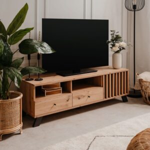 wohnli-moebel-suche-M23038398-1 TV-Möbel mit 1 Tür 2 Schubladen und 2 Fächern Eichenholzoptik L138 cm 138x44x40cm Spanplatte Beige Calicosy Möbel Wohnzimmermöbel TV-Möbel