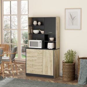 wohnli-moebel-suche-M23039227-1 Buffet haut 2 portes 3 tiroirs 3 étagères plateau aspect chêne gris 90x169x39cm Spanplatte Beige Homcom Möbel Esszimmermöbel Sideboards, Highboards & niedrige Anrichten