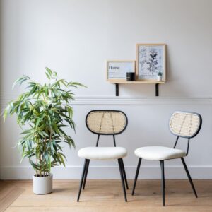 2er Set Stühle aus Rohrgeflecht und Schlingenstoff in Ecru 56x82x48cm Stahl Beige Happy Garden Möbel Esszimmermöbel Stühle