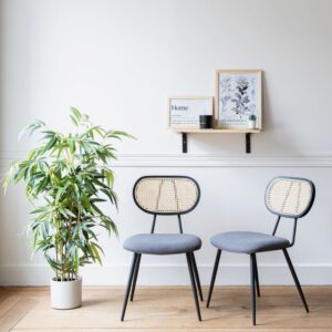 2er Set Stühle aus Rohrgeflecht und grauem Schlingenstoff 56x82x48cm Stahl Grau Happy Garden Möbel Esszimmermöbel Stühle