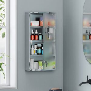wohnli-moebel-suche-M23042718-1 Armoire à pharmacie 3 étagères porte verre trempé symbole croix 30x60x12cm Stahl Grau Homcom Möbel Badezimmermöbel Badezimmerschränke
