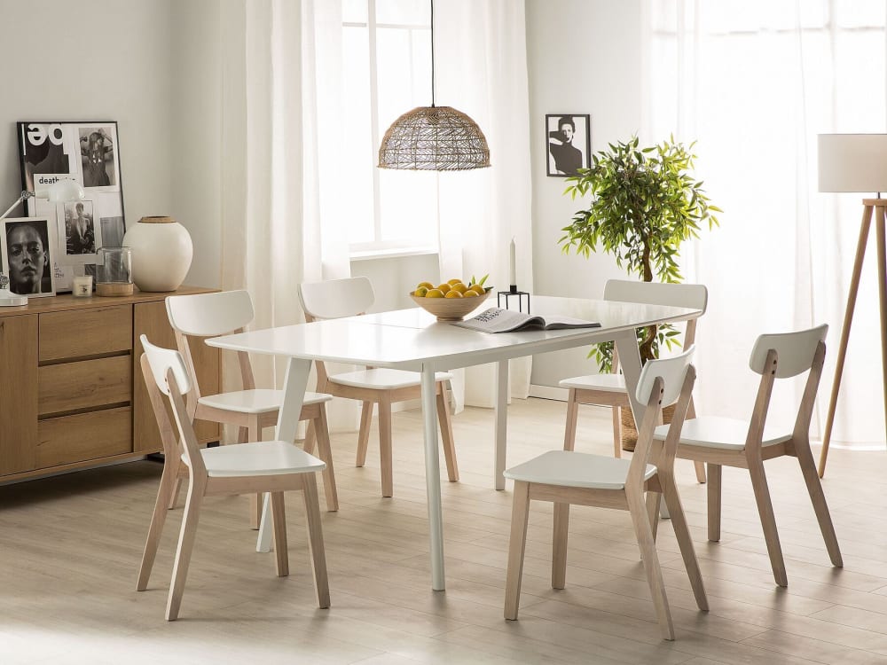 Ausziehbarer Tisch MDF-Platte 6 Personen L120 160 120x75x80cm Spanplatte Weiß Beliani Möbel Esszimmermöbel Esstische