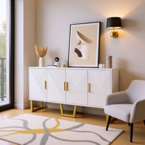 Weiß-goldene Holzkonsole mit 4 Türen 150x82x40cm Spanplatte Weiß Urban Meuble Möbel Wohnzimmermöbel Konsolentische