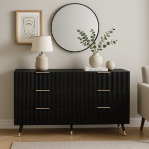 Schwarze Konsole mit geriffelten Schubladen und goldenen Griffen 120x77x40cm Spanplatte Schwarz Urban Meuble Möbel Wohnzimmermöbel Konsolentische